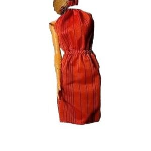 Vintage Barbie Orange Halter Dress w/ Thin Black Stripes 70's/80's Superstar Era